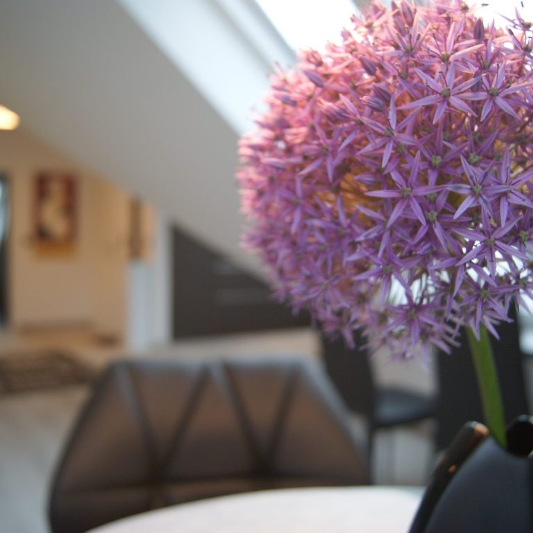 Im Vordergrund ist eine große lilafarbene Blume zu sehen, dahinter ein angeschnittener Tisch und ein schwarzer Stuhl.