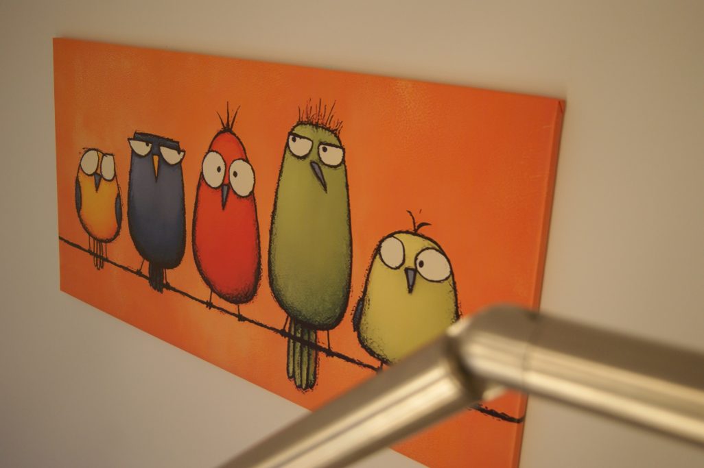 Eingangsbild an der Wand: Fünf unterschiedlich farbige Comicvögel sitzen auf einer Leitung vor orangefarbenem Hintergrund.