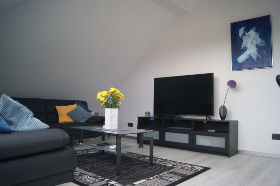 Blick auf die gemütliche Sofaecke mit großem Fernseher